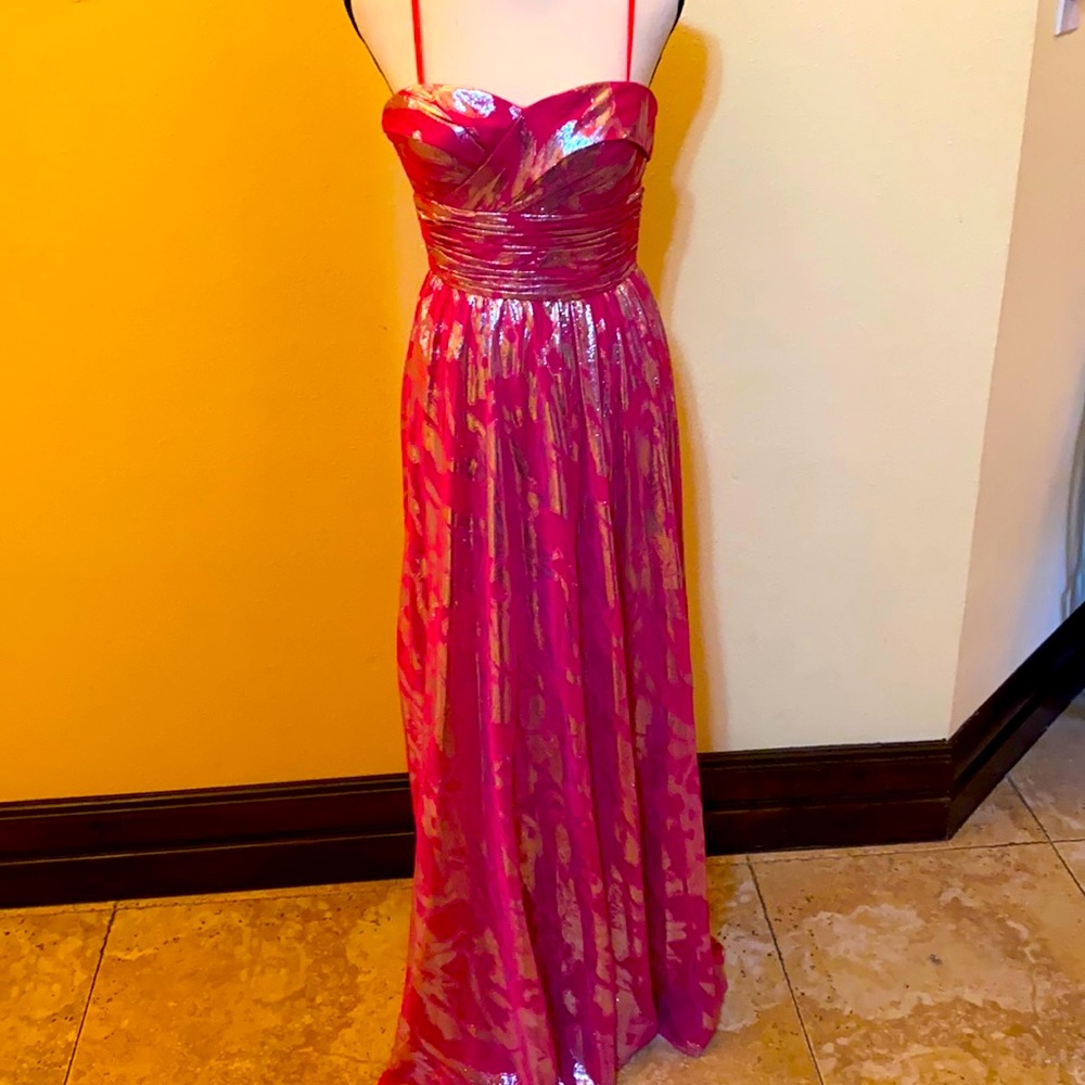 Aidan mattox fustian with silver print long dress